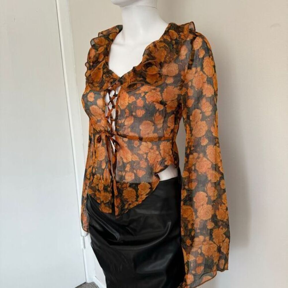 Micas Floral Sheer Lace-Up‎ Crop Top Bell Sleeve Boho Chic Festival Blouse S